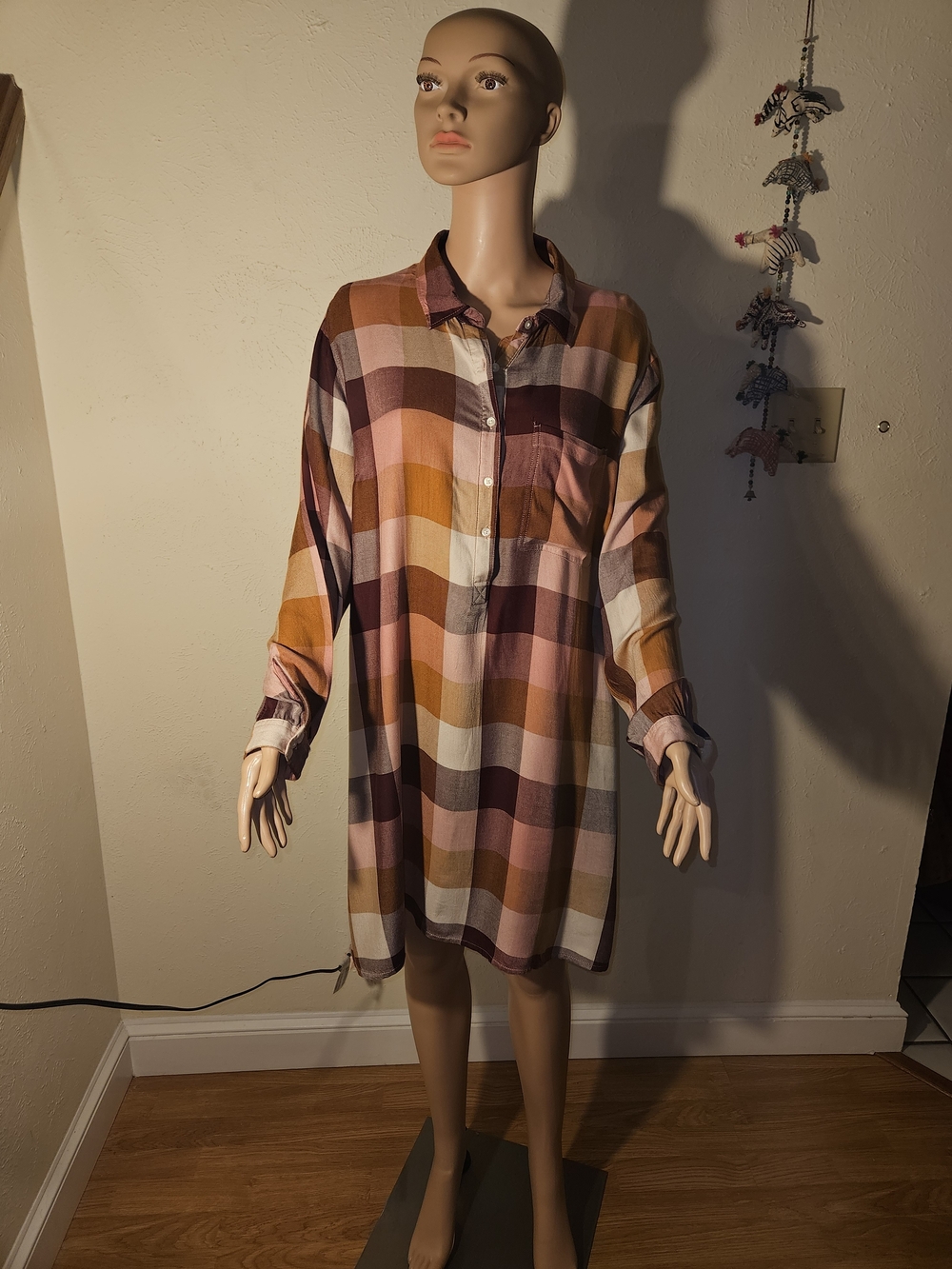 Plaid Long-Sleeve Shirt Dress in Multi-Color